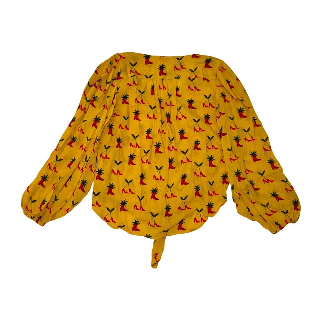Anthropologie Button Down Front Tie Blouse Yellow Women’s 2 Festival Boho Fruit - Picture 7 of 16